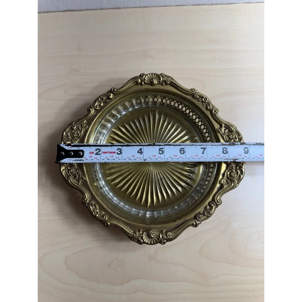 Vintage Brass Gallery Tray Ornate Floral Rim Starburst Cut Glass Insert